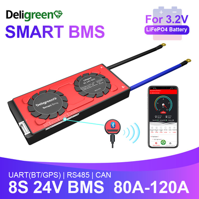डीलिग्रीन स्मार्ट बीएमएस लाइफपो4 बैटरी 8 एस 24 वी 80-120 ए यूएआरटी बीटी 485 कैन फंक्शन के साथ आरवी आउटडोर स्टोरेज के लिए